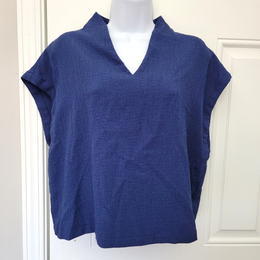 Maeve Anthropologie Women's Blouse Blue Boxy Wide Cap Sleeve Crepe V Neck S